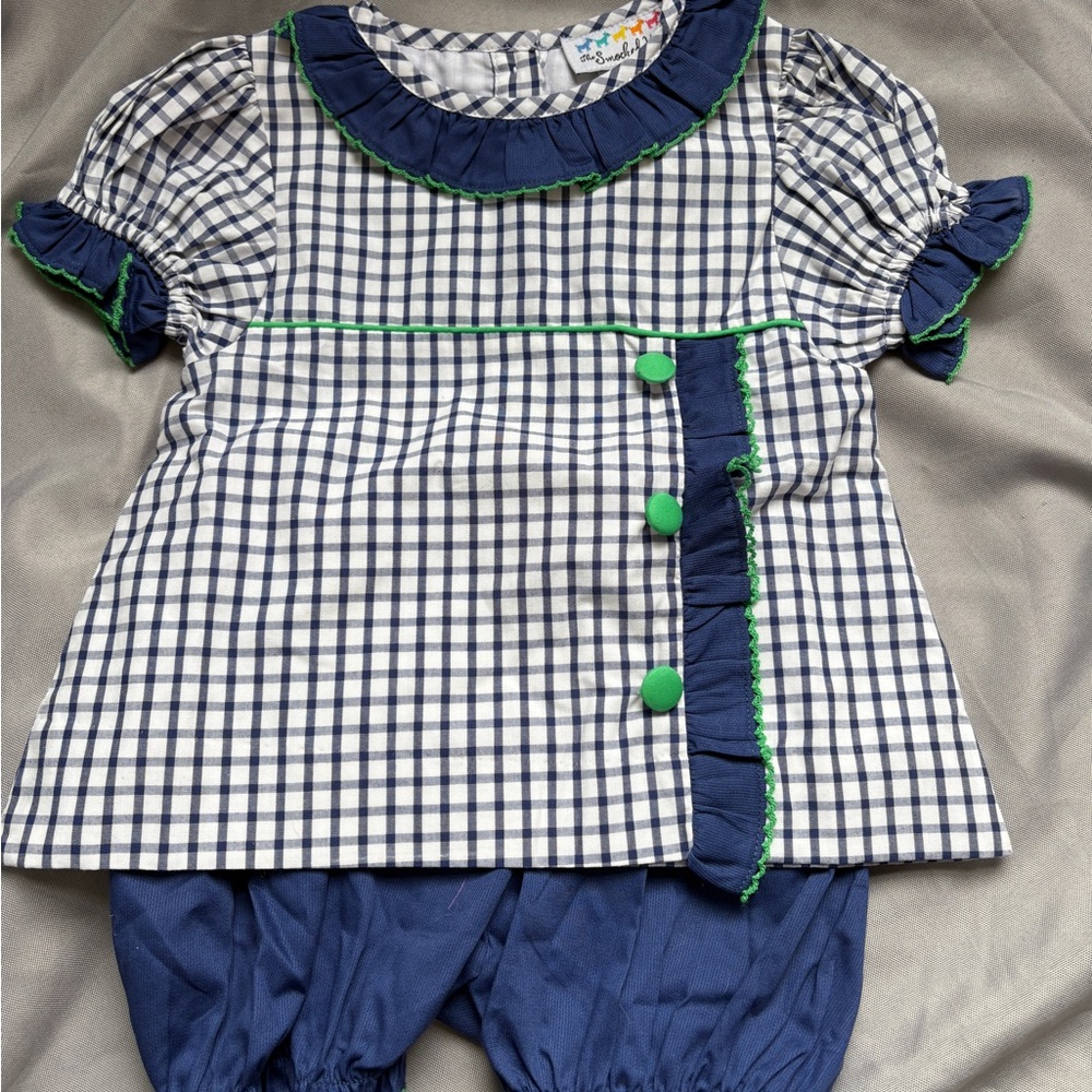 Navy Smocked Checked  Dress with Bloomers NWT Summer Baby Blue